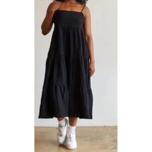 For Days Black Organic Cotton Gauze Tiered Maxi Dress Spaghetti Strap Pockets L
